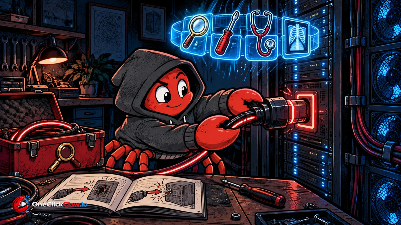 The OpenClaw crab plugs a glowing cable into its server while a belt of new tools appears above it