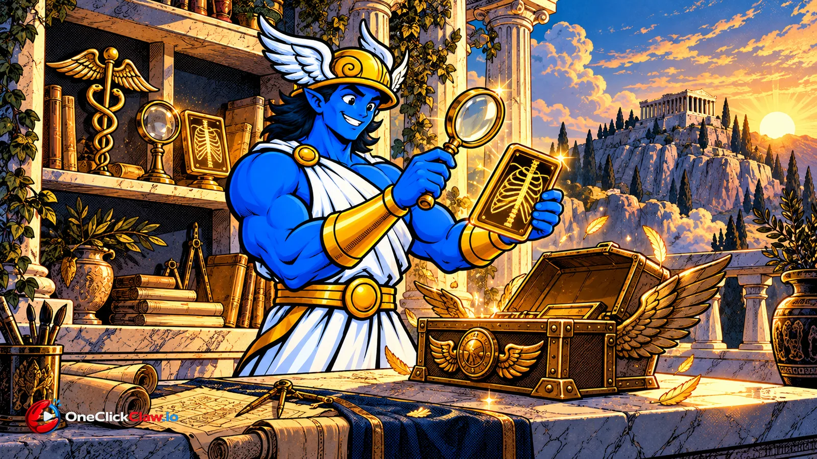 Hermes on Olympus unpacks a winged toolbox holding a golden magnifying glass and an X-ray lens