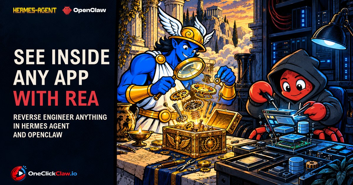 Hermes studies golden clockwork with a magnifying glass while the OpenClaw crab takes apart an app window, under the headline See inside any app with REA