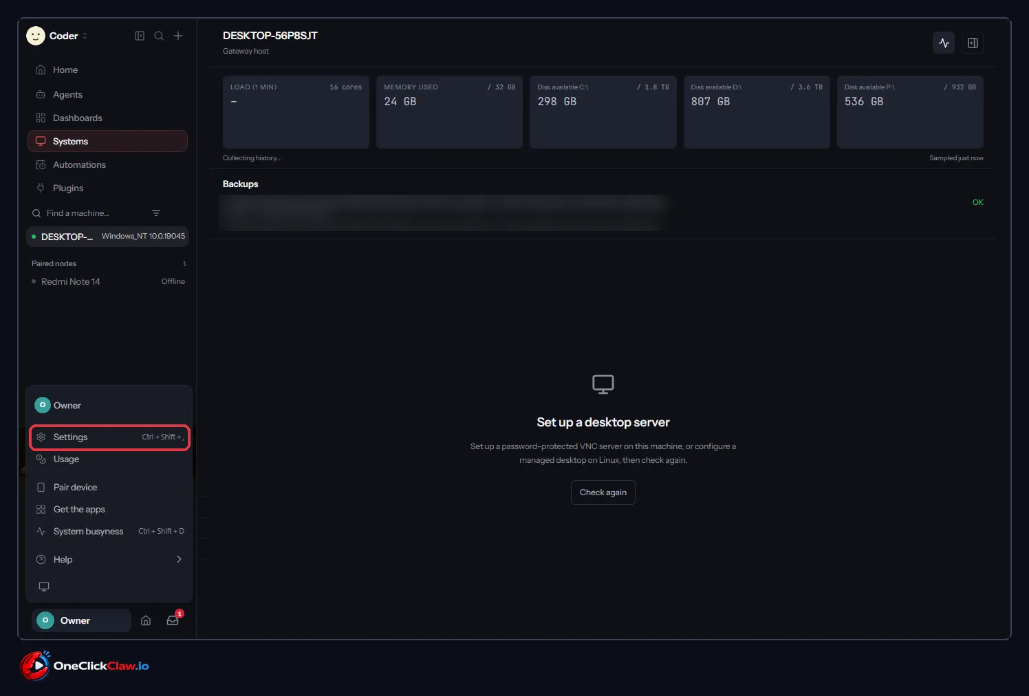 OpenClaw main screen with the Owner menu open at the bottom left, Settings at the top and System busyness further down