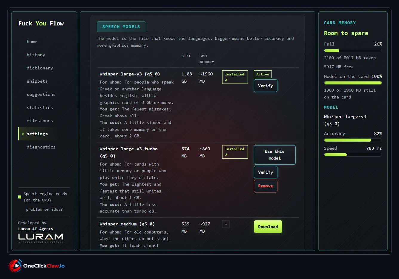 FU Flow settings showing the dictation key, microphone and model