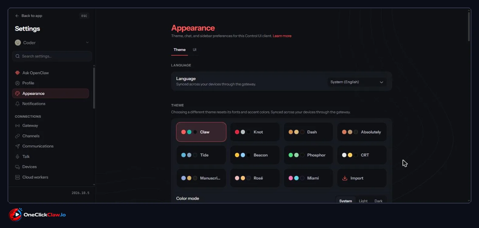 OpenClaw Settings open on the Appearance page with the Search settings box on the left