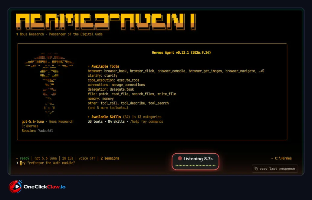 Hermes Agent dashboard with the FU Flow Listening window open