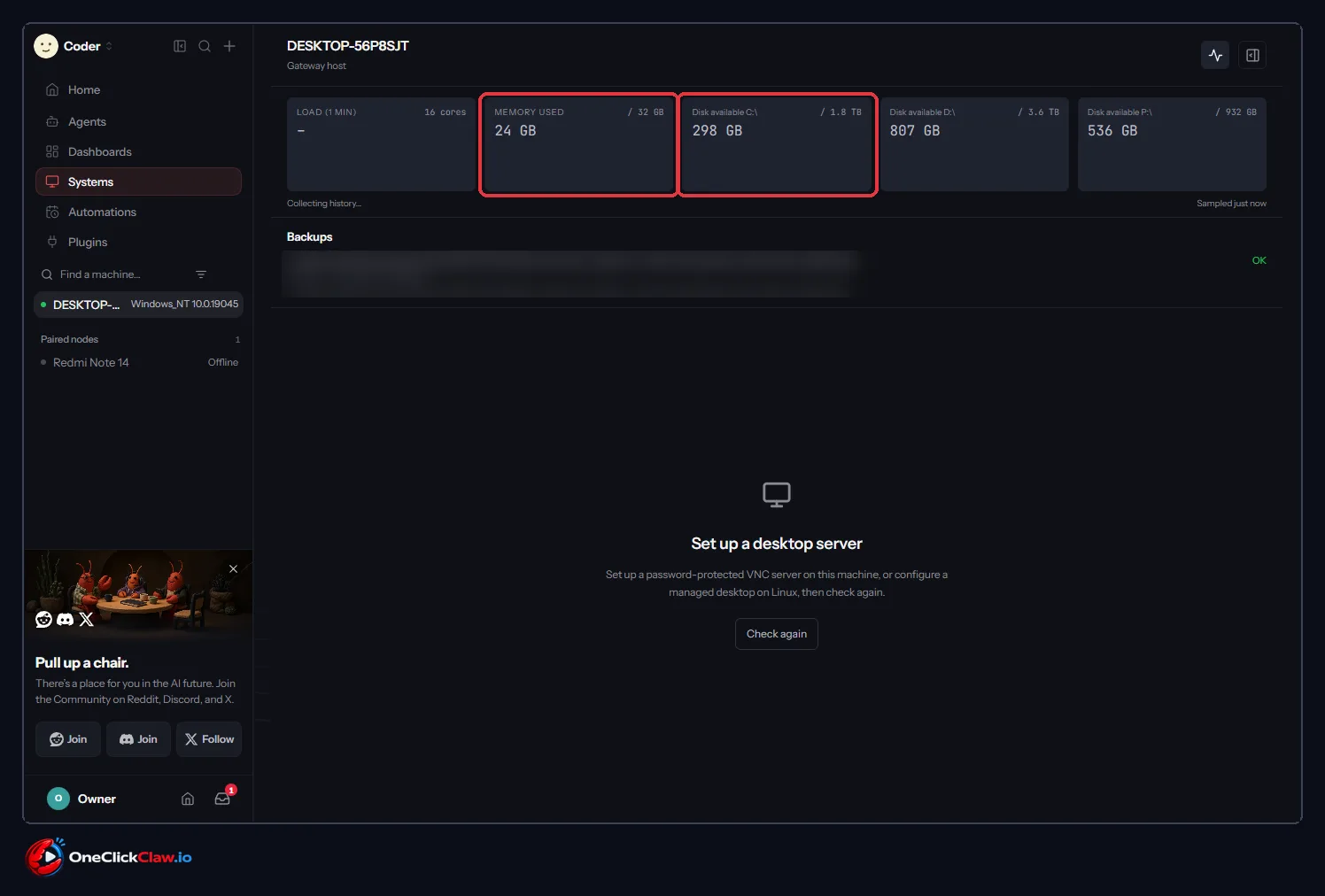 Systems page with the cards Load 1 min, Memory used out of 32 GB and Disk available