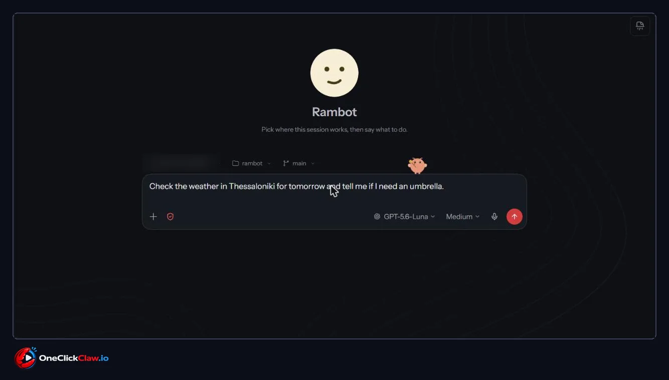 The dictated weather question in the OpenClaw chat box