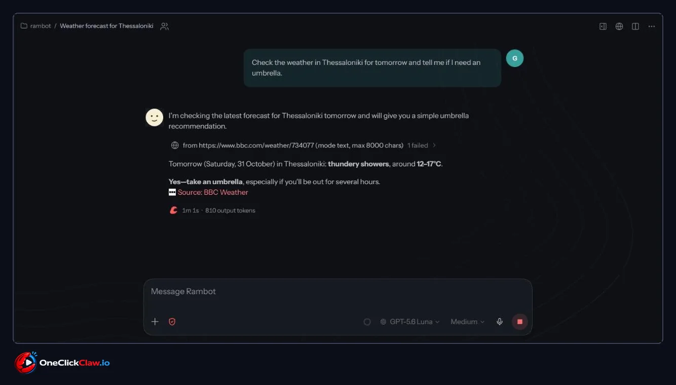 OpenClaw reply with the Thessaloniki forecast and umbrella advice