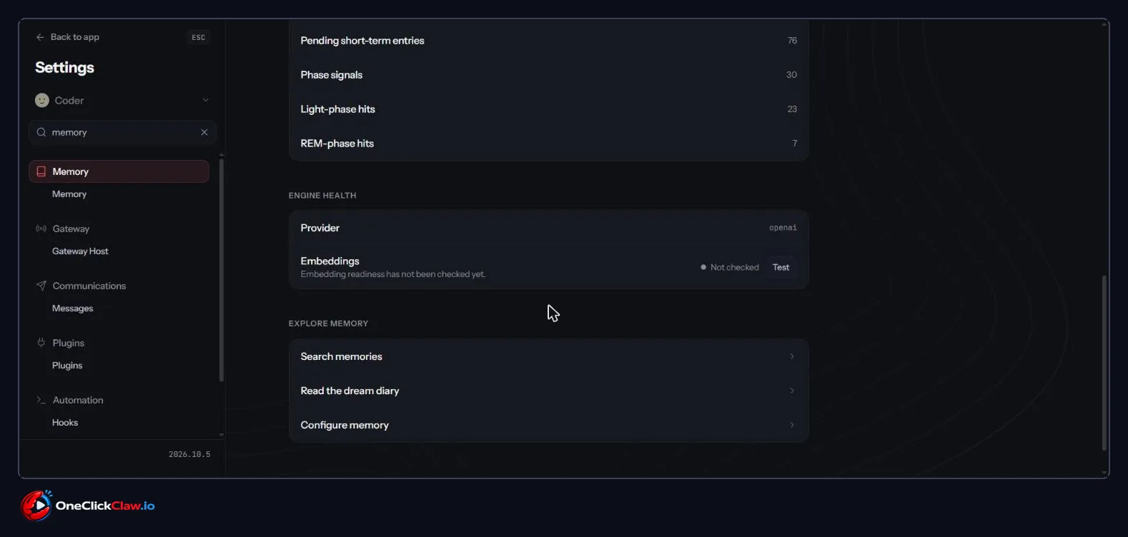 Engine Health section and the Explore Memory shortcuts Search memories, Read the dream diary and Configure memory