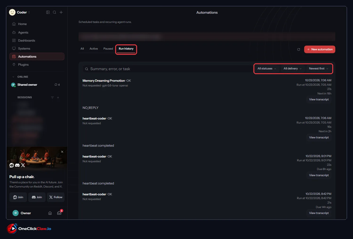 Run history tab with several runs marked OK, their durations and a View transcript button on each