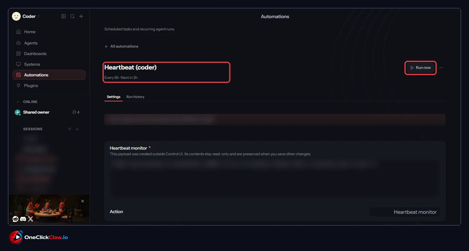 Heartbeat coder job page with the Run now button at the top right and the Settings and Run history tabs