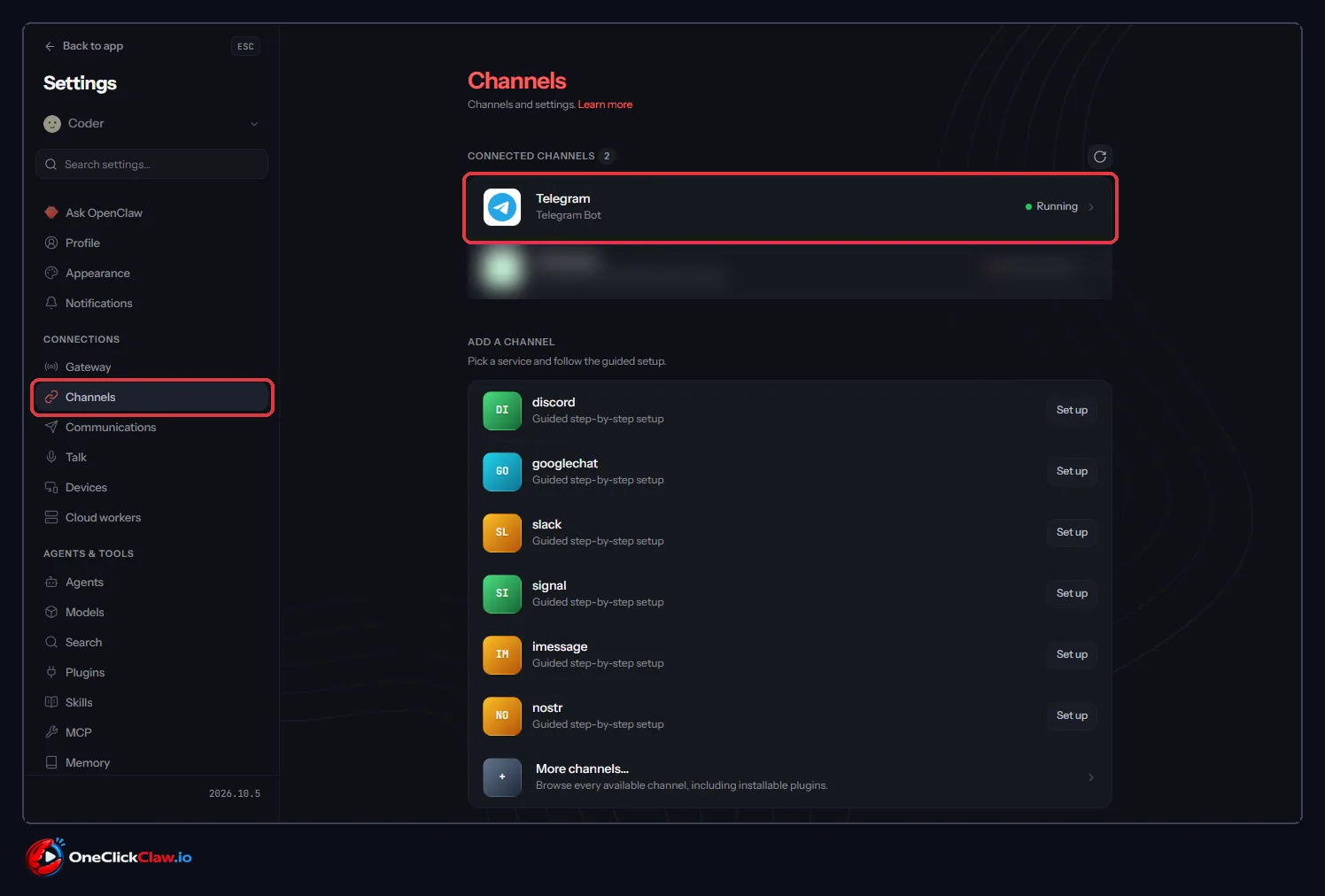 Channels page with Telegram Bot running under Connected channels and the Add a channel list with guided setup below