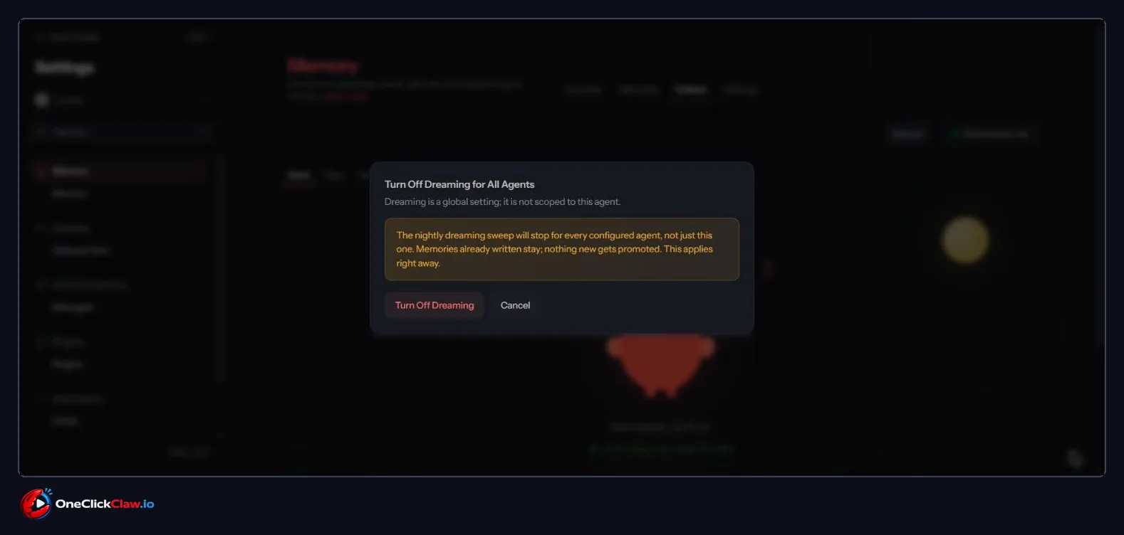 Confirmation box titled Turn Off Dreaming for All Agents with the buttons Turn Off Dreaming and Cancel