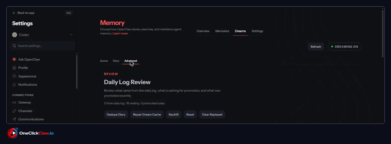 Advanced tab with Daily Log Review and the repair buttons Dedupe Diary, Repair Dream Cache, Backfill, Reset and Clear Replayed